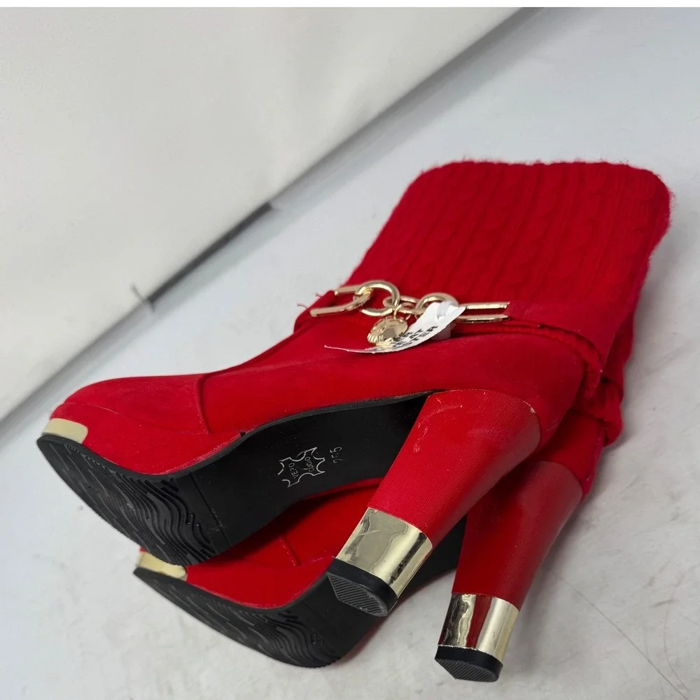 🔥Vero Cuoio🚨💛❤️Faux Suede Cable Knit Cuff Ankle Boots Gold Chain Heart Charm‎